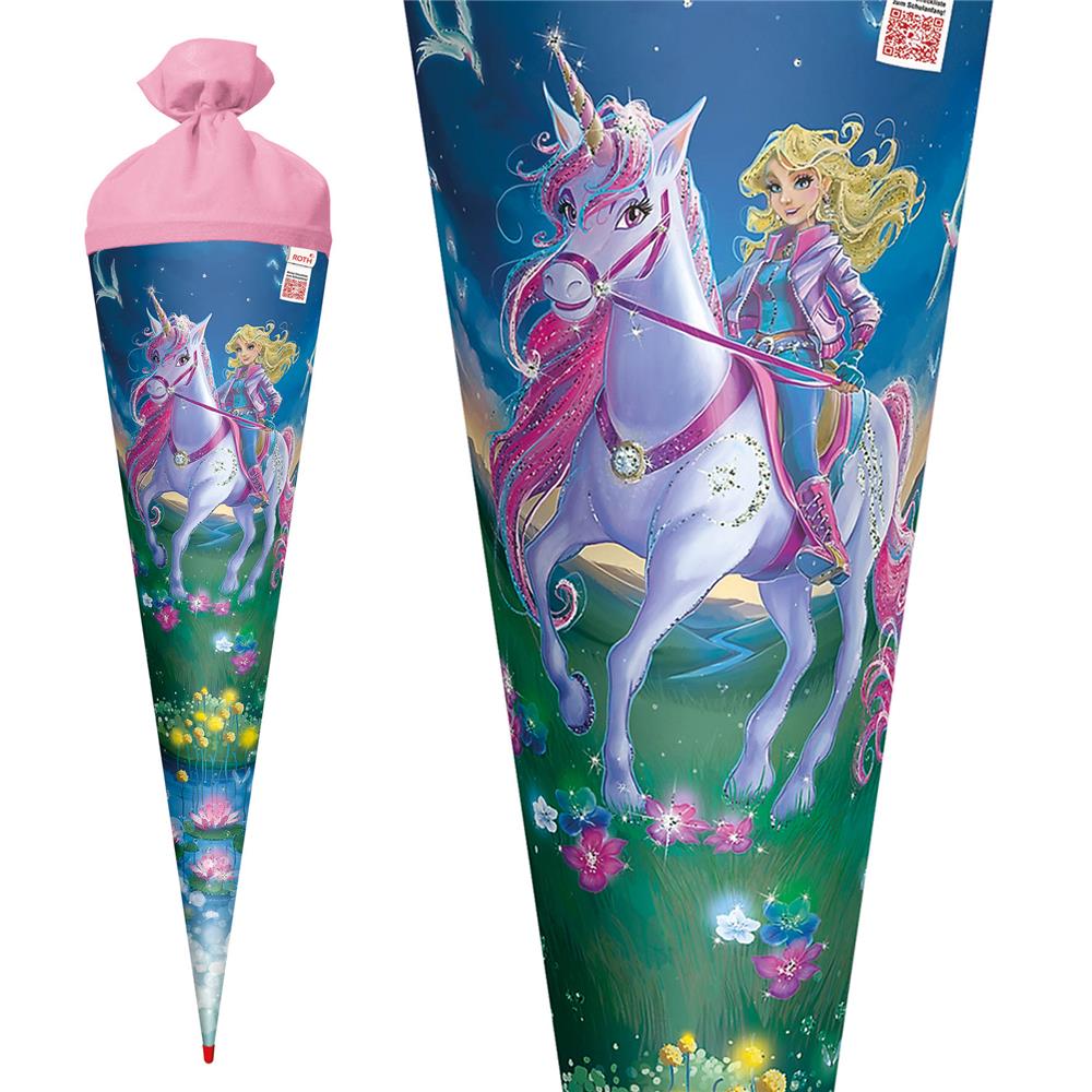 Roth Schultüte Magische Einhornreiterin, 70cm, rund, Rot(h)-Spitze, Filzverschluss, Glitter