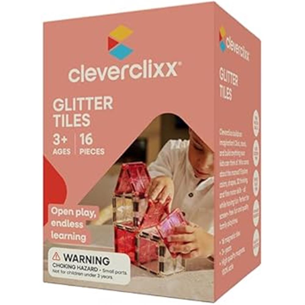 Cleverclixx Glitter Tiles Pack Transparent Rosa 16 Teile, magnetische Glitzer Bausteine, erweiterbare Sets