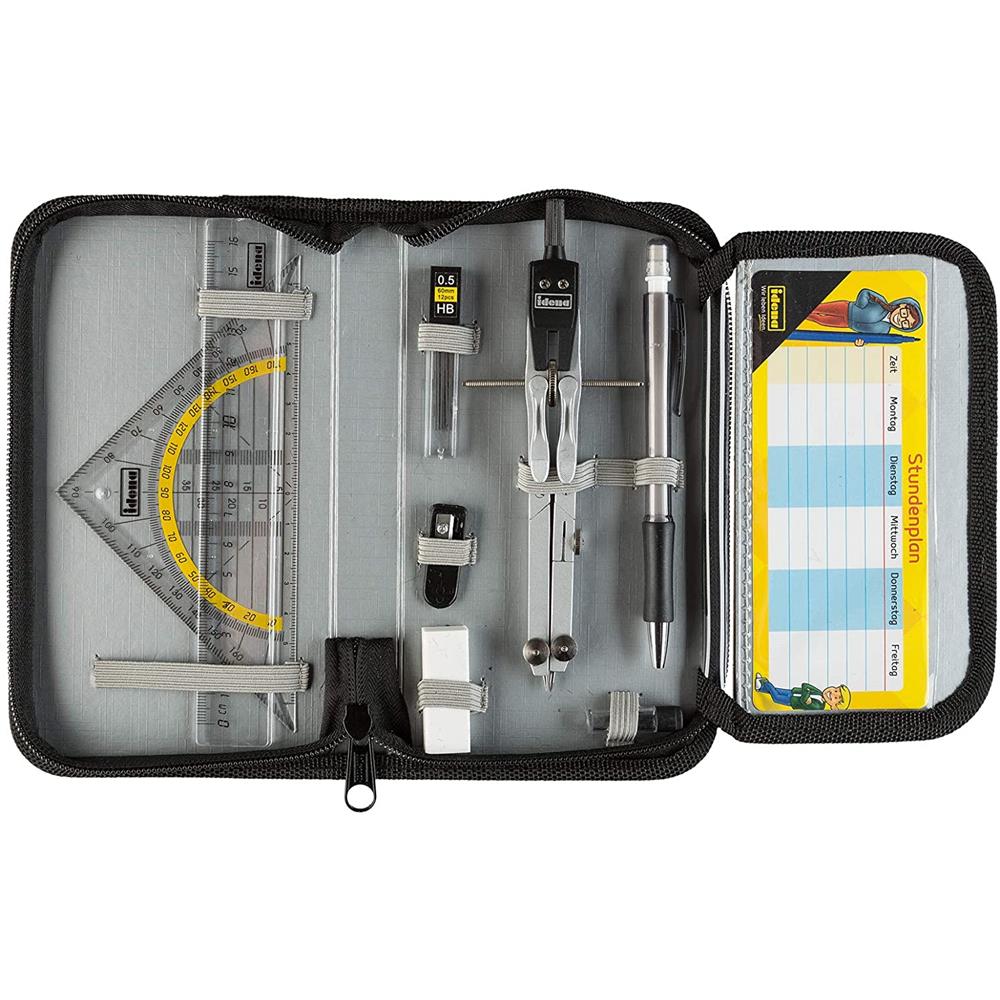 Idena Zirkel-Set im Etui 11-teilig mit Geodreieck Ersatzminen Druckbleistift Stundenplan