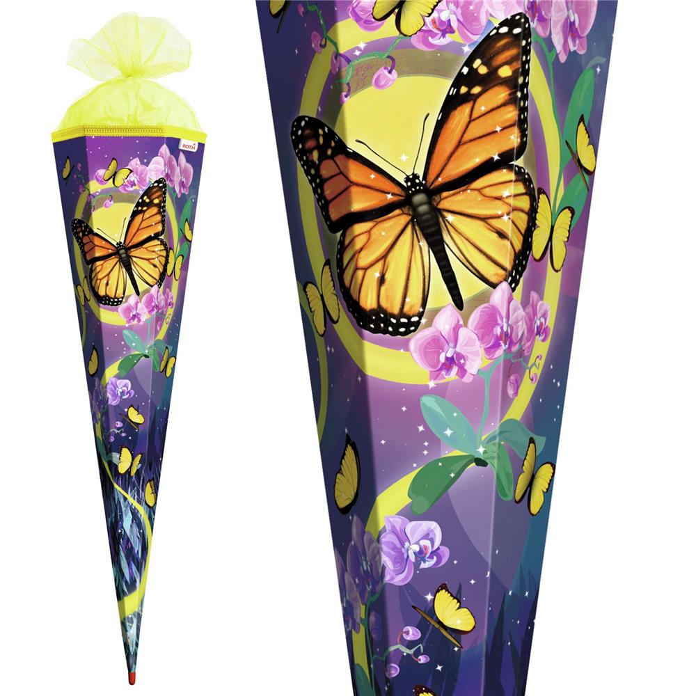 Roth Schultüte Schmetterling, 85cm, eckig, mit Rot(h)-Spitze und gelben Tüllverschluss