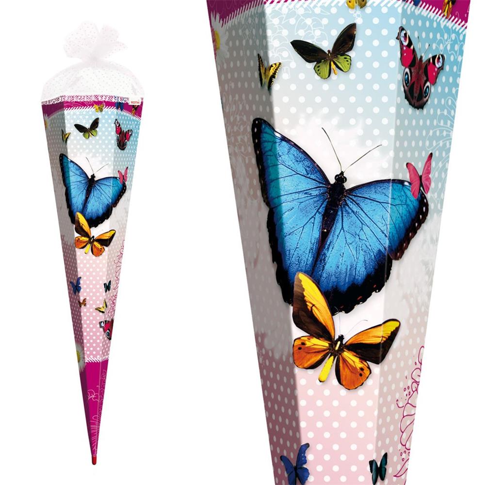 Roth Schultüte Butterfly, 85cm, eckig, Rot(h)-Spitze, Tüllverschluss, Glitter, Rüschenborte