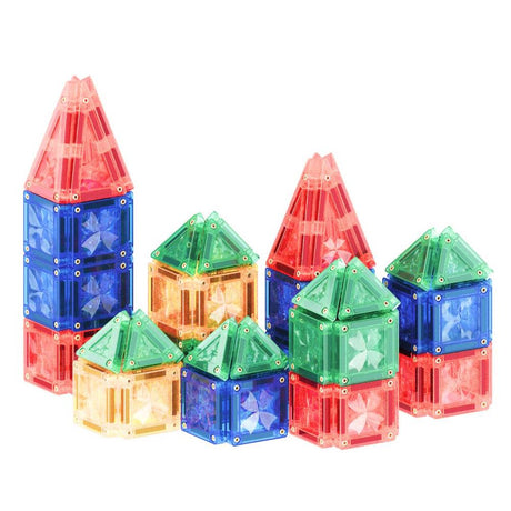 Cleverclixx Mini Tiles Pack Knallfarben 28 Teile, kompaktes Design für unterwegs ToGo, inklusive Aufbewahrungsbox, Magnetspielzeug