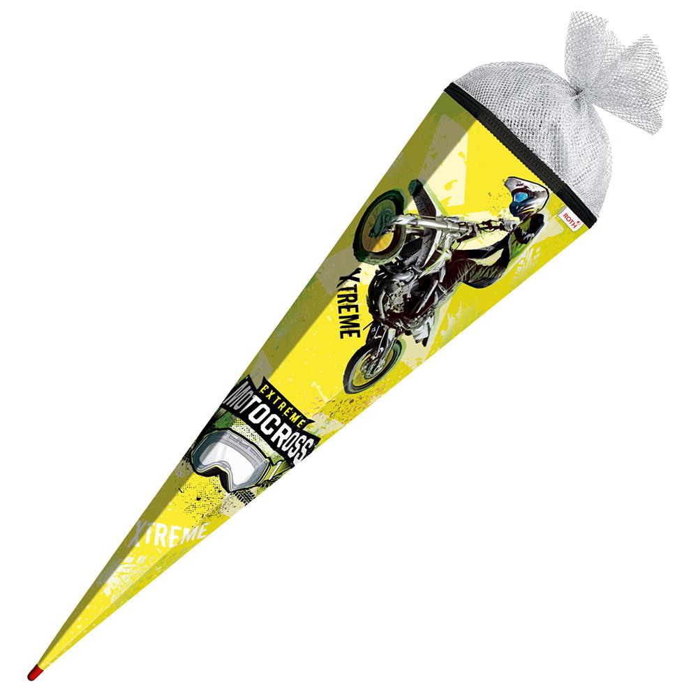 Roth Schultüte Extreme Motocross mit Glanzfolie, 85cm, eckig, mit Rot(h)-Spitze und silbernen Tüllverschluss