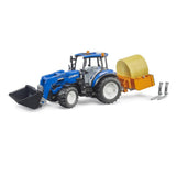Bruder 02187 - New Holland T5.120 mit Frontlader, Ladekasten, Gabeln und Rundballen, 1:16, Traktor