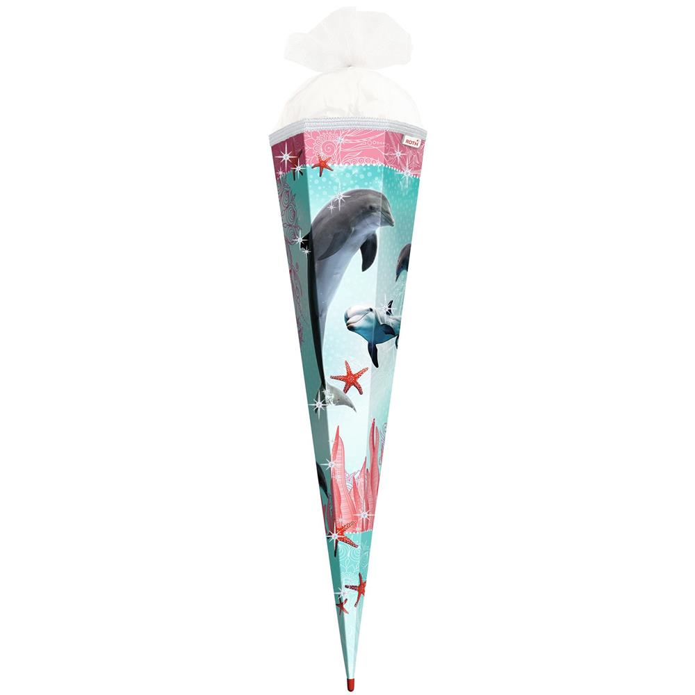 Roth Schultüte Delfin & Seesterne, 85cm, eckig, Rot(h)-Spitze, Tüllverschluss, Glitter, Glitzerborte