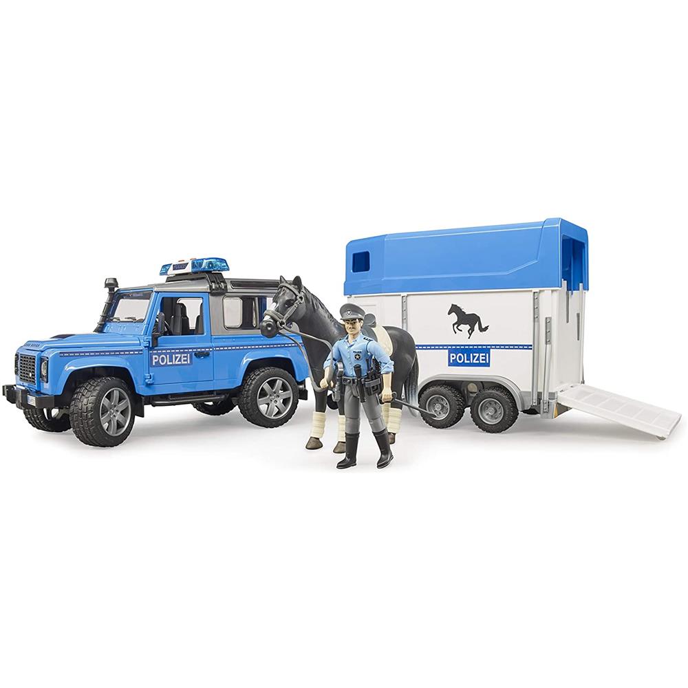 Bruder 02588 - Land Rover Defender Polizeifahrzeug, Pferdeanhänger, Pferd und Polizist