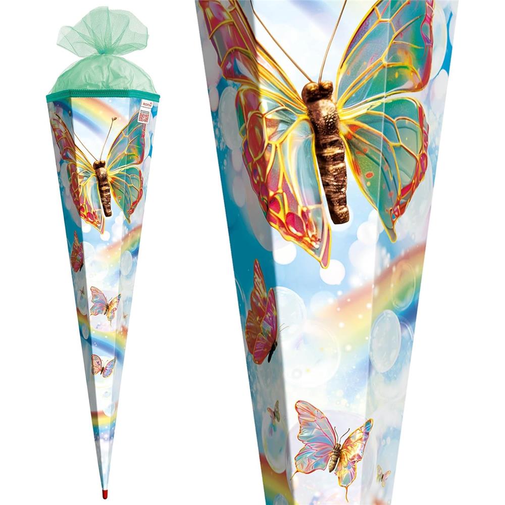 Roth Schultüte Rainbow Butterfly, 85cm, eckig, Rot(h)-Spitze, Tüllverschluss