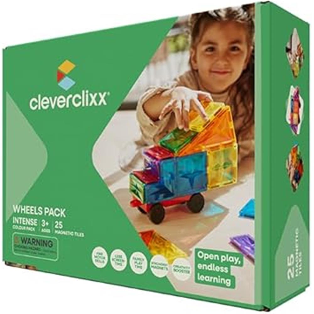Cleverclixx Auto-Bausatz in Knallfarben 25 Teile, Magnetspielzeug Auto mit Rädern, Erweiterungsset