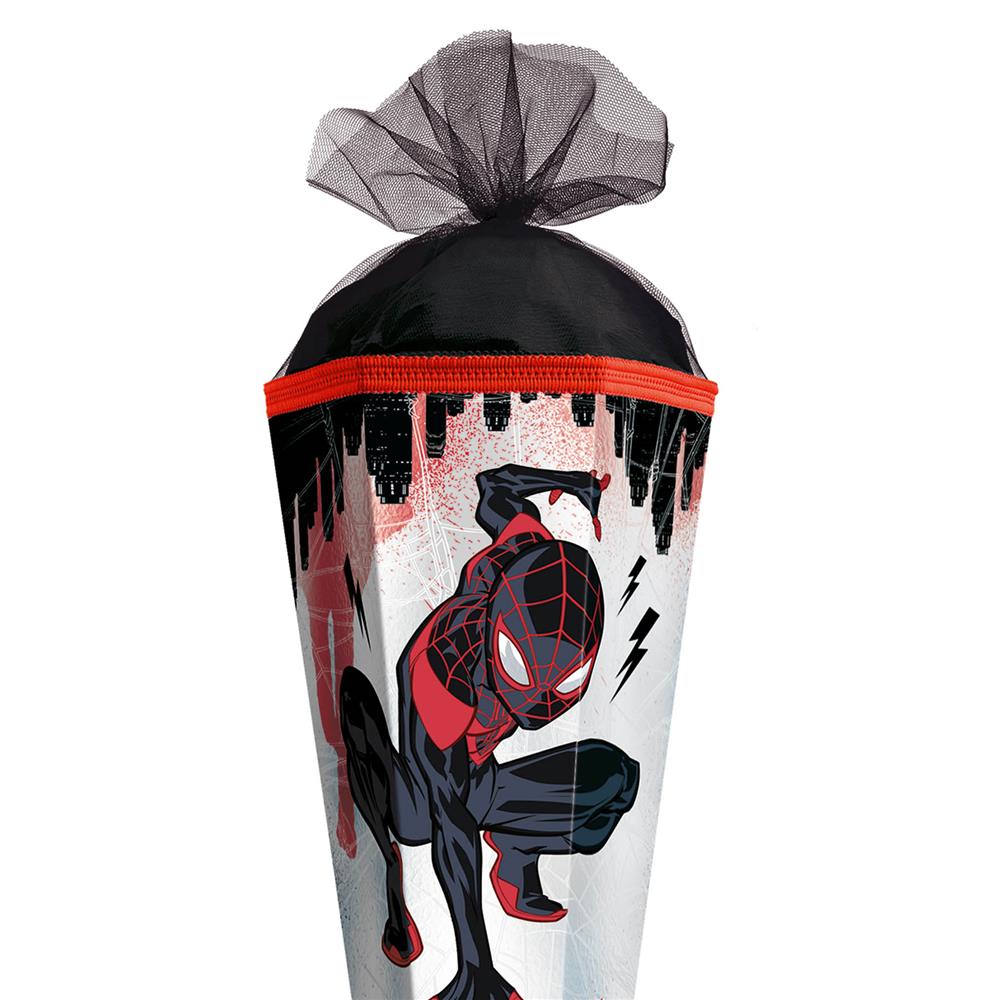 Roth Schultüte Marvel Spiderman (Miles Morales), 85cm, eckig, Rot(h)-Spitze, Tüllverschluss, Folieneffekt