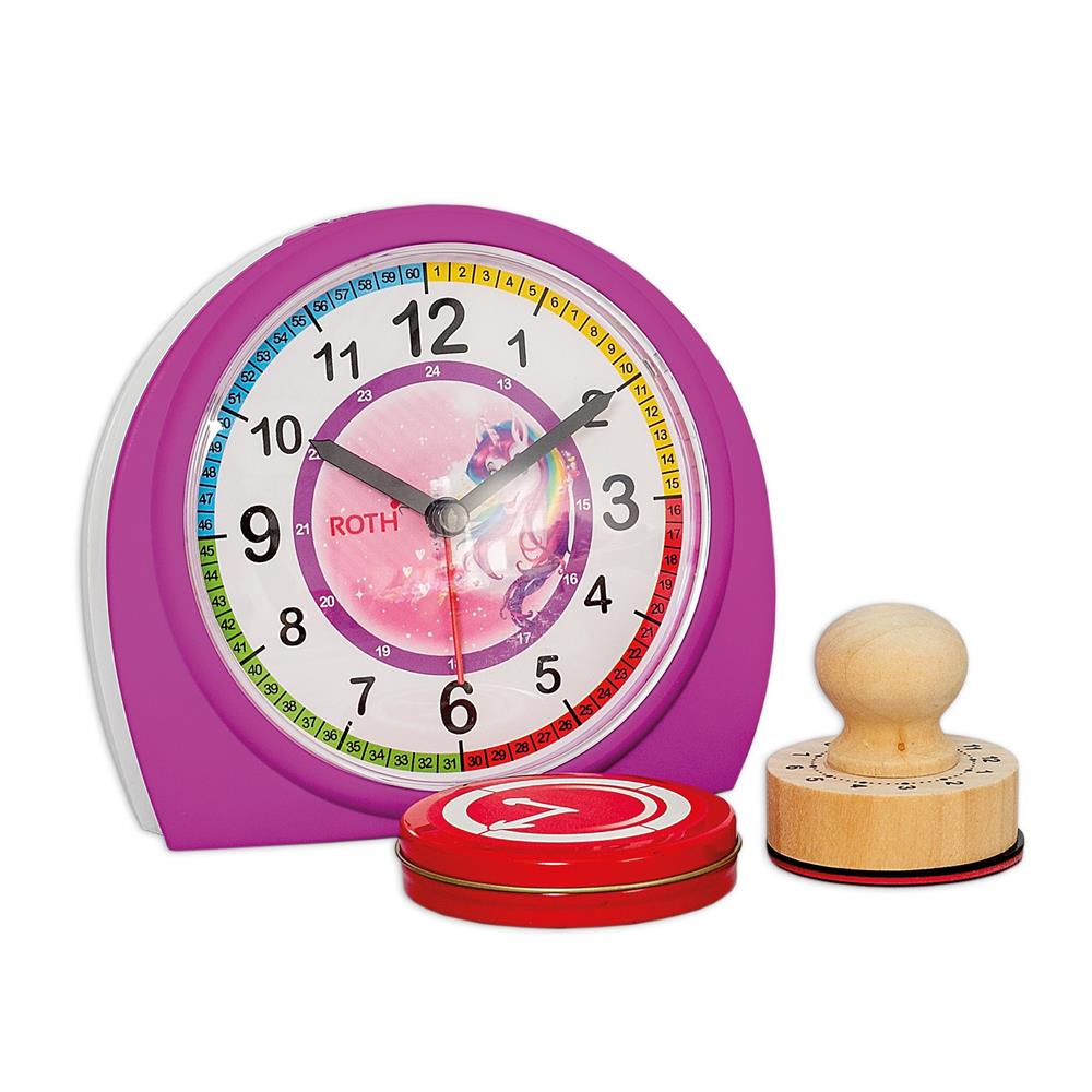 Roth Kinderwecker Einhornportrait Set – Lernwecker mit Stempel zum Uhrzeit lernen