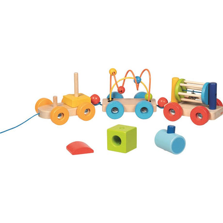 goki Zug Rio – Holz- und Metallspielzeug mit Steckbauklötzen, Motorikschleife und Rassel, für Kinder ab 2 Jahren