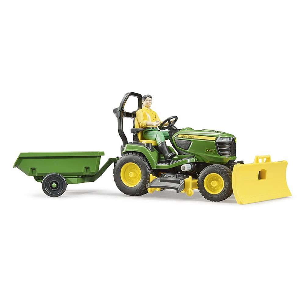 Bruder 62104 - bworld John Deere Aufsitzrasenmäher mit Anhänger und Gärtner
