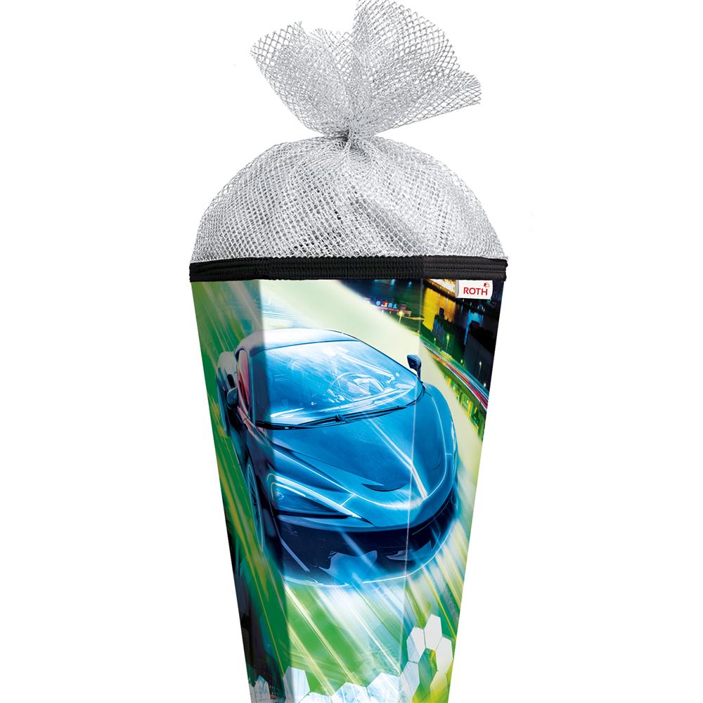 Roth Schultüte Racing, 85cm, eckig, Rot(h)-Spitze, Tüllverschluss (Silbertüll)