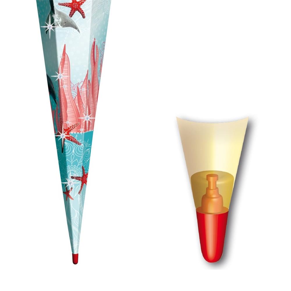 Roth Schultüte Delfin & Seesterne, 85cm, eckig, Rot(h)-Spitze, Tüllverschluss, Glitter, Glitzerborte