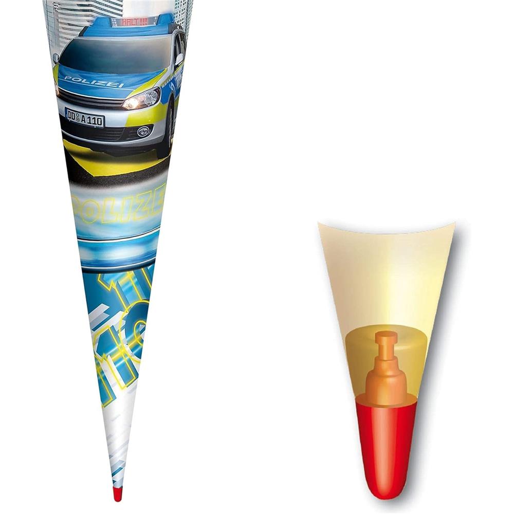 Roth Schultüte Polizei, 70cm, rund, Rot(h)-Spitze, Filzverschluss, mit Licht & Sound